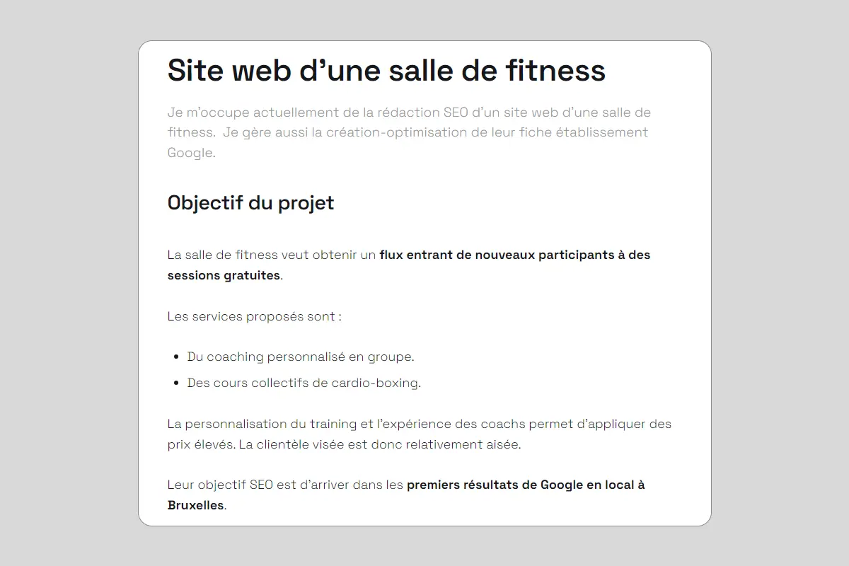 texte d'une étude de cas d'une salle de fitness sur fond gris