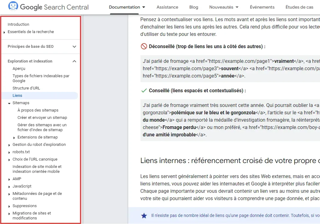 table des matières de la documentation de Google Search Central