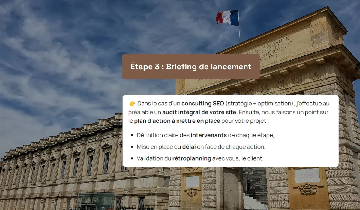 extrait d'une étape d'un projet seo avec un monument montpelliérain en arrière-plan