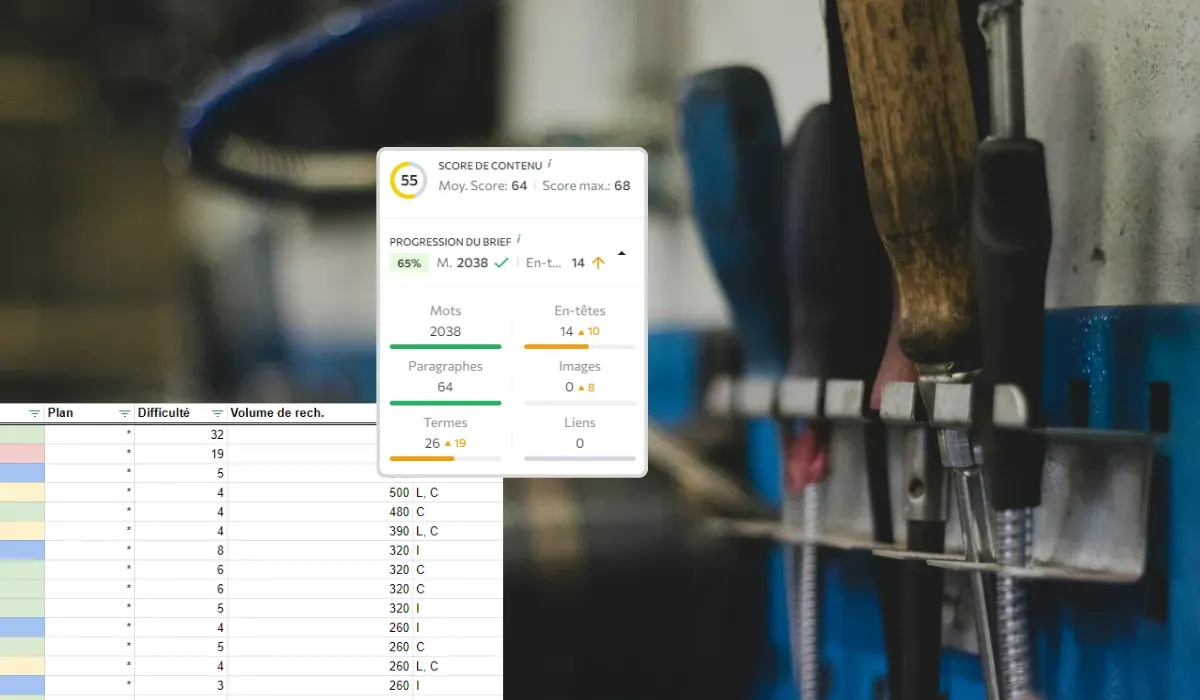 tableau d'une analyse de mots-clés avec une optimisation sémantique d'un client niçois