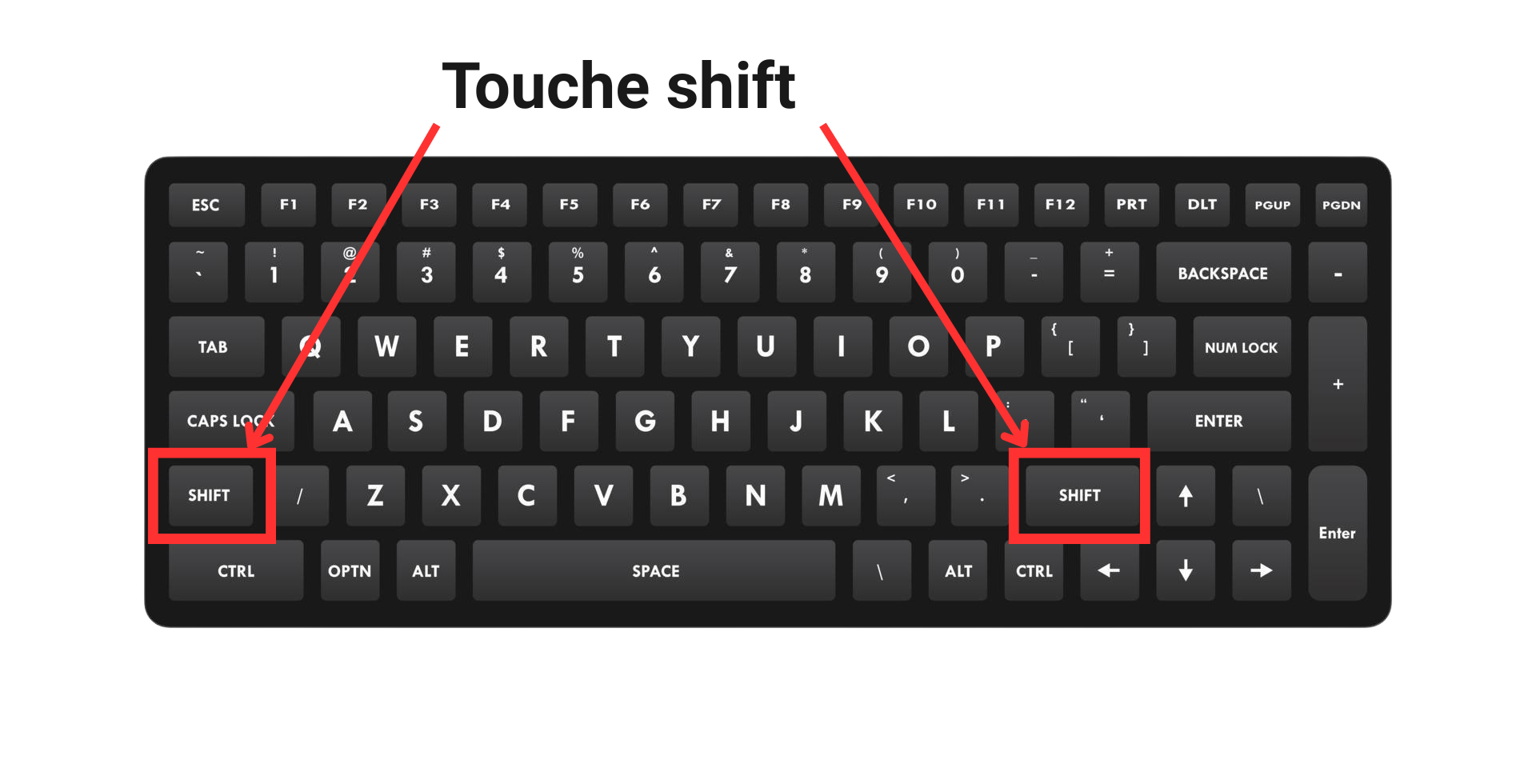 un clavier windows où est indiqué les emplacements de la touche shift