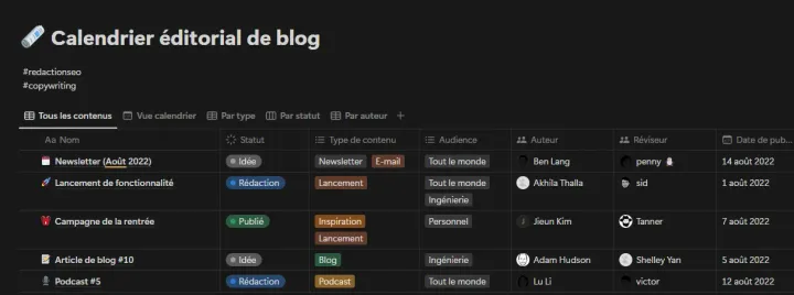 tableau d'un calendrier edito sur fond noir